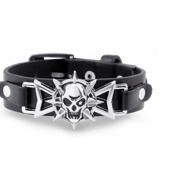 Skeleton Skull Punk Gothic Rock Leather Belt Buckle Bracelets For Men - Picture 4 of 5